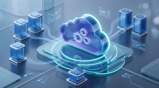 Cloud computing server infrastructure with mechanical gear integration for automated processes and digital data synchronization in 3D rendered enterprise technology visualization scene
