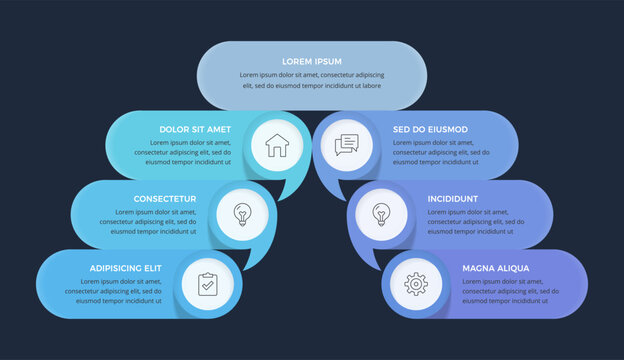 Hierarchical structure infographic template with main top element followed by six cascading speech-bubble shaped banners. Dark background