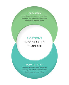 Vertical two options infographic template featuring overlapping circles arranged horizontally. 2 options comparison chart, venn diagram for business data. Vector illustration