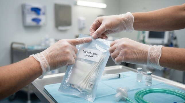Medical professionals preparing a tracheostomy care kit in a sterile hospital environment, highlighting essential medical supplies for patient treatment.