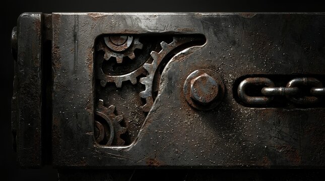 Close-up of heavy industrial iron gears and mechanical parts in a dark weathered housing.