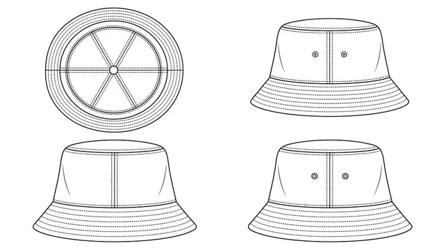 Bucket hat technical sketch vector illustration, fashion design flat mockup with front, back, top views