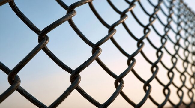 Dark metal chain link fence pattern with blue sky