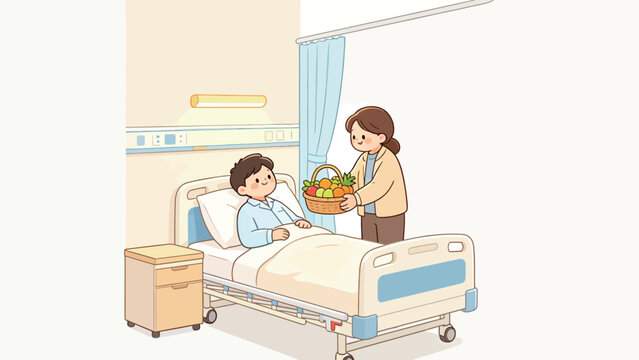 Warm hospital scene with nurse offering fruit basket to smiling patient in bed, gentle caregiving moment