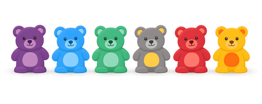 A set of counting bear counters in bright colours for early counting activities, isolated on white