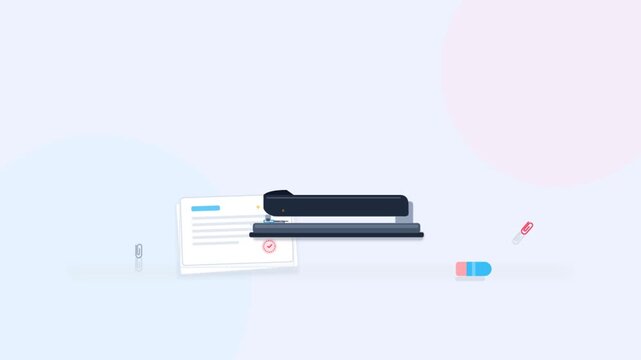 Animated black stapler fastening papers on desk flat design video