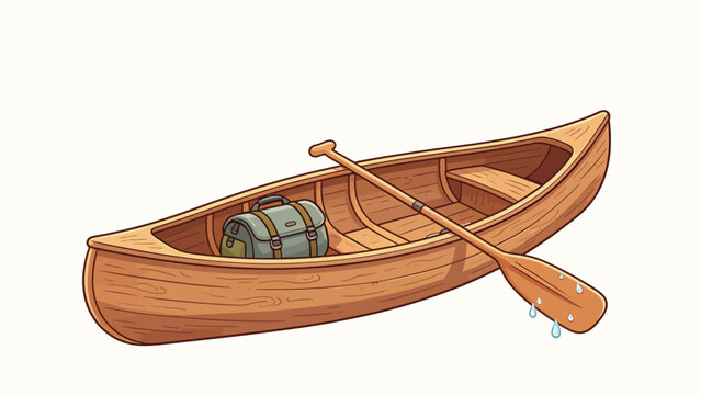 Wooden Canoe with Paddle and Pack on Clean White Background, Outdoor Adventure Theme