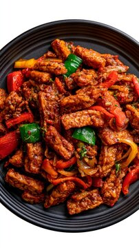 Indonesian tempeh stir-fry with colorful peppers on a dark plate in a macro top-down shot for vegan culinary marketing