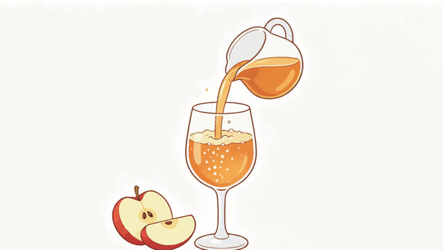 Illustration of Fresh Apple Juice Being Poured into a Glass with Whole and Sliced Apples Beside