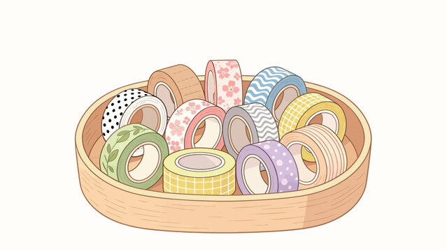 Pastel Washi Tape Collection in Wooden Tray: Hand-Drawn Stationery Art with Floral, Geometric & Polka Dot