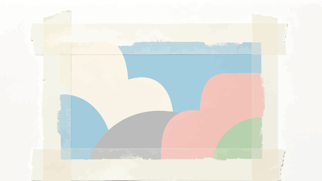 Soft Pastel Abstract Landscape Collage With Masking Tape Frame And Layered Geometric Shapes