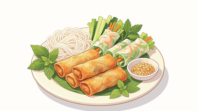 Golden Spring Rolls With Fresh Rice Noodles, Crispy Vegetables And Mint Garnished On A White Plate