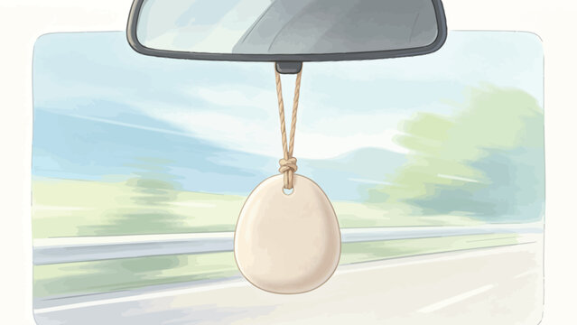 Smooth Stone Ornament Hanging From Rearview Mirror On A Speeding Car Ride With Blurred Scenic Background