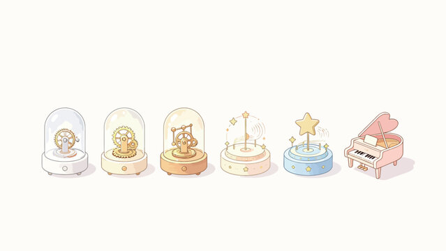 Hand-drawn illustration of six steampunk musical boxes and a pink grand piano with gears, stars, and soft