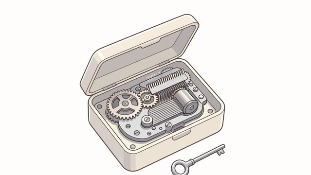 Detailed Vintage Music Box with Gears and Comb Mechanism in Open Beige Case with Winding Key