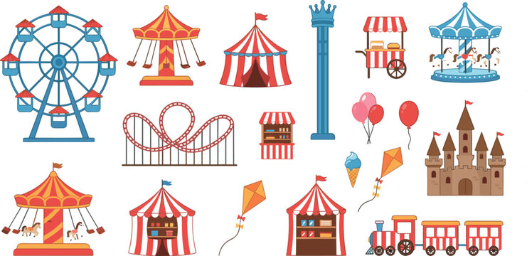 Cute carnival attraction vector illustration collection with funfair rides circus big top wheel and train icons