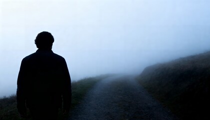 Obraz premium Silhouette of a lone person walking on a misty path, exploring life's journey and future.