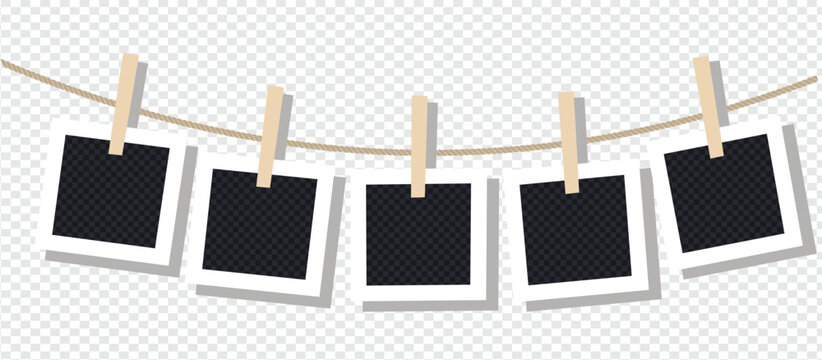 Photos hanging on rope attached with clothes pins vector illustration. Blank square polaroid photo frame garland with wooden pegs isolated on transparent background for gallery mockup design.