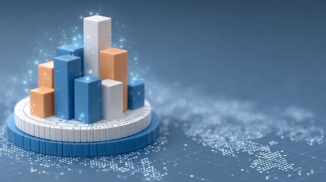 A 3D cluster of blue, white, and orange bar charts on a circular platform with sparkling light particles, representing financial data analytics.   
