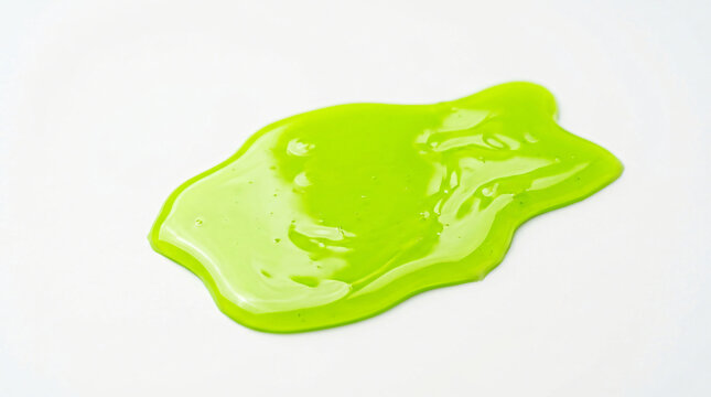 Neon green slime puddle splattered smoothly across a solid transparent surface with glossy highlights and fluid edges.