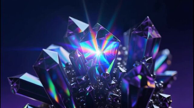 Iridescent purple crystal cluster with rainbow refraction against dark background