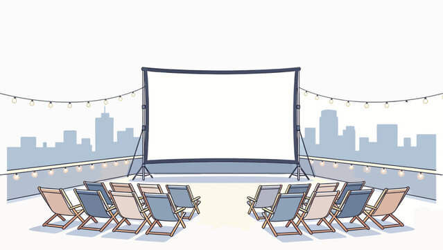 Serene rooftop cinema setup with foldable chairs, string lights, and city skyline view, evoking relaxing