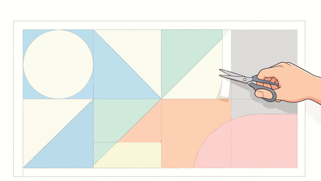 Hand cutting paper with scissors over a pastel geometric art canvas of soft blues, greens, and pinks