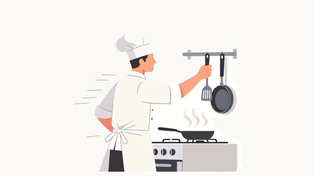 Professional chef in uniform selecting cooking utensils near a steaming wok on a stove in an illustrated