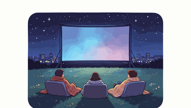 Starlit Outdoor Cinema: A Cozy Night Under the Sky with Friends Watching a Movie on a Large Screen