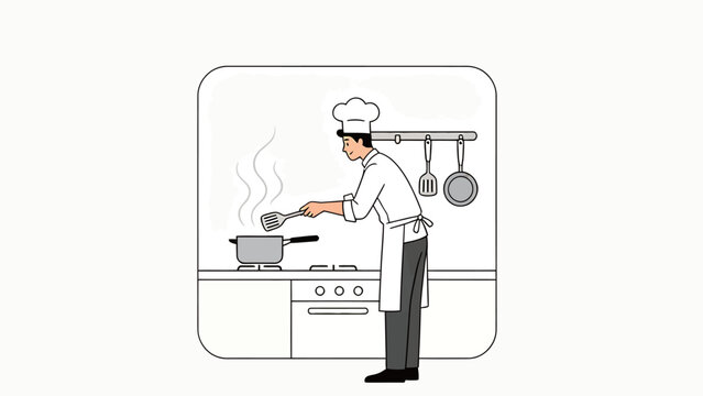 Vector Illustration of a Chef Cooking at the Stove with Steam Rising and Kitchen Utensils Hanging
