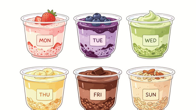 Charming Illustration of Six Days of Overnight Oats: Strawberry, Blueberry, Matcha, Banana, Chocolate &