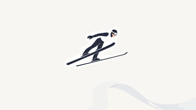 Minimalist Vector Illustration of a Ski Jumper in Mid-Air Against a Snowy Landscape Background