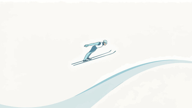 Minimalist Illustration of a Ski Jumper in Mid-Air Against a Sweeping Snowy Slope