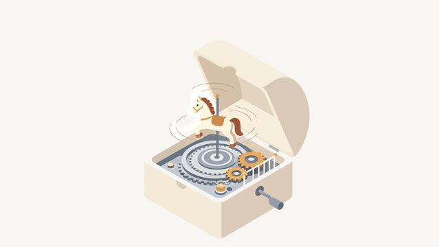 Isometric Open Wooden Music Box with Spinning Carousel Horse and Gears, Soft Beige Color Palette