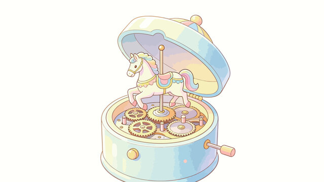Pastel Mechanical Carousel Music Box with Rainbow Mane Horse and Golden Gears in Open Lid
