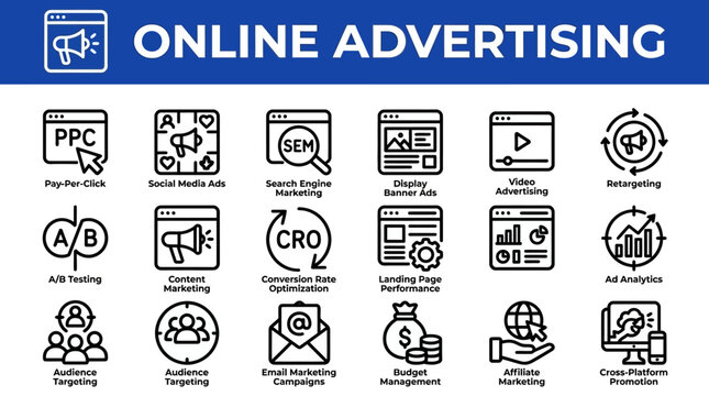 Online advertising and digital marketing icon set for web strategies