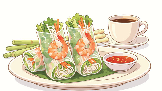 Vibrant Illustration of Fresh Vietnamese Spring Rolls with Shrimp, Vegetables, and Dipping Sauce