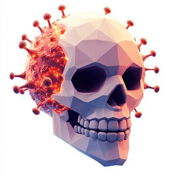 A low-poly human skull merged with a glowing coronavirus cell, symbolizing disease, death, and pandemic danger against a white background.   