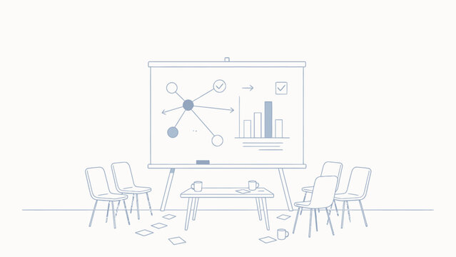 Modern Office Meeting Room with Whiteboard Charts, Network Diagrams, and Minimalist Furniture Design