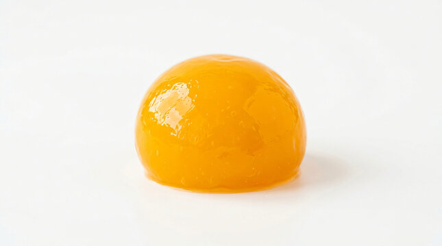 Orange gummy dome candy rests alone on a plain transparent background.