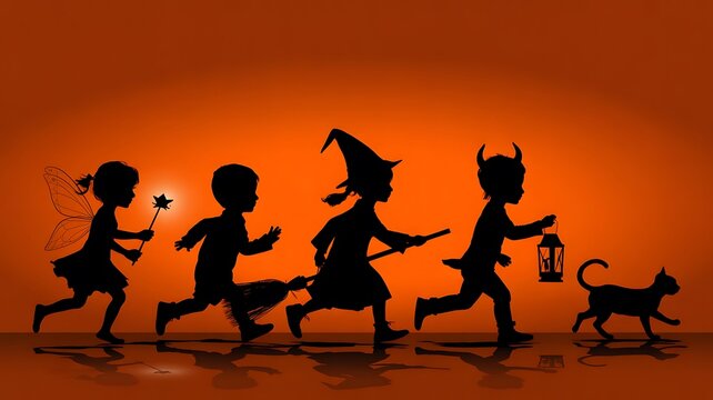 Halloween silhouettes of children, witch, bats and cat celebrating against an orange background
