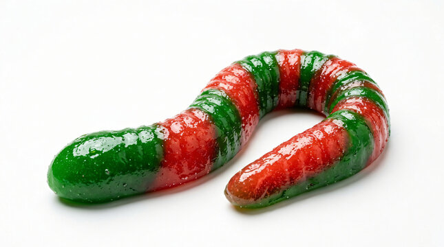 Gummy worm candy featuring red and green stripes rests on a transparent surface.
