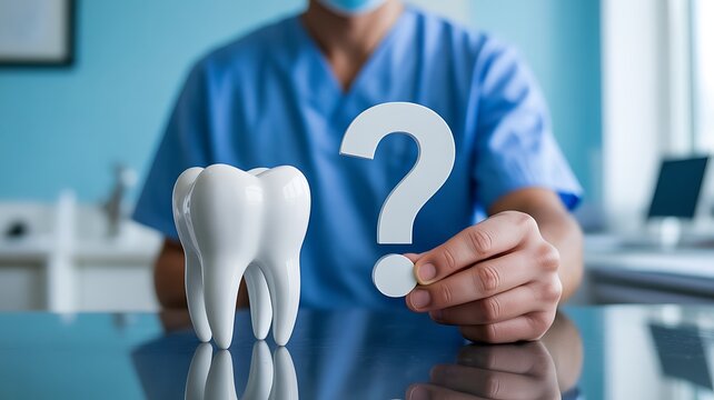 Dental care concept with dentist holding a tooth model and question mark