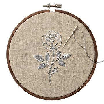 Silver thread rose embroidery in hoop on transparent background