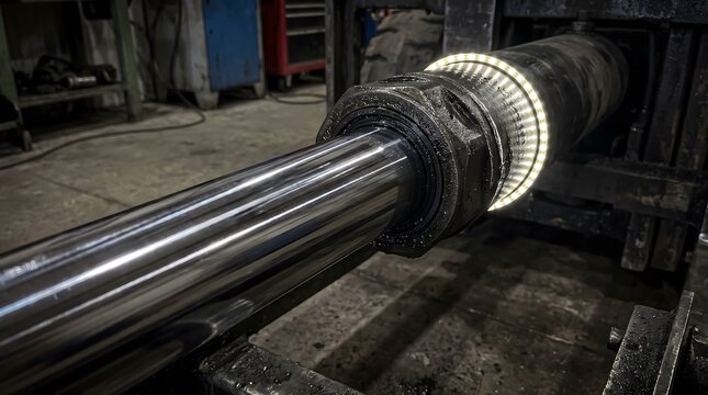 Hydraulic cylinder piston rod illuminated in industrial repair