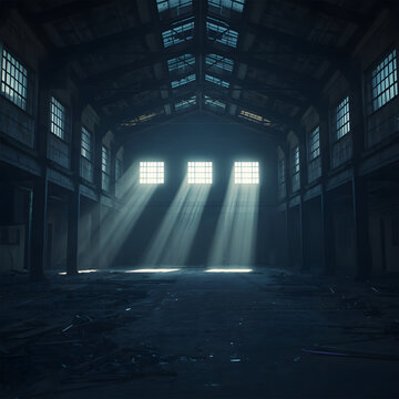 Abandoned industrial warehouse with glowing sunlight beams lighting floor.