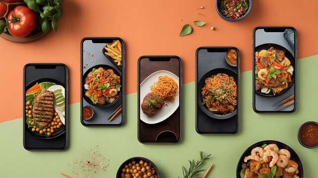 Food delivery smartphones displaying colorful meals on a restaurant table