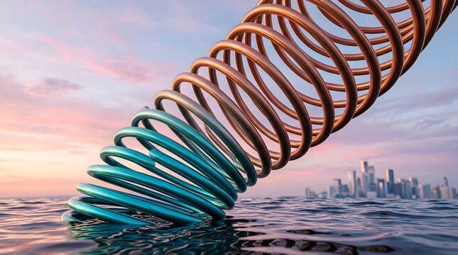 3D render of a slate grey ribbed tunnel corridor with rhythmic curved fins, close-up macro shot, against a clear blue sky, with soft diffused studio lighting, sleek modern aesthetic