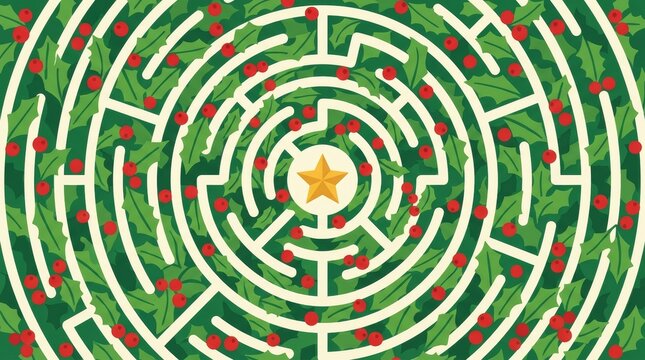 Green and red circular maze pattern with geometric design