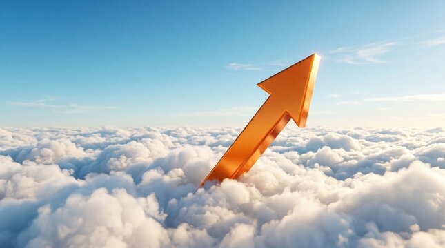 Orange growth arrow rising above white fluffy clouds representing business success and upward progress with business